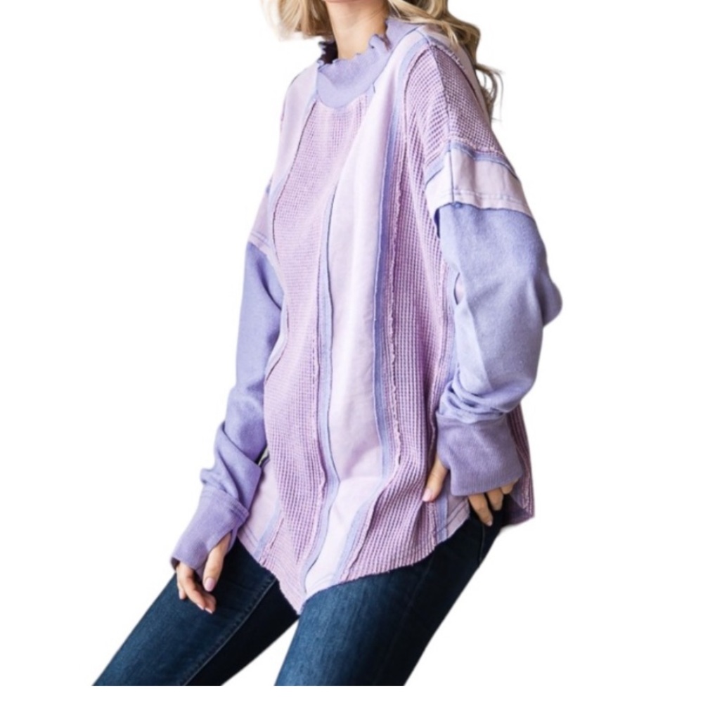 Periwinkle Washed Mixed Fabrics/Long Sleeve Pullover Top /thumbholes/ tunic NWT